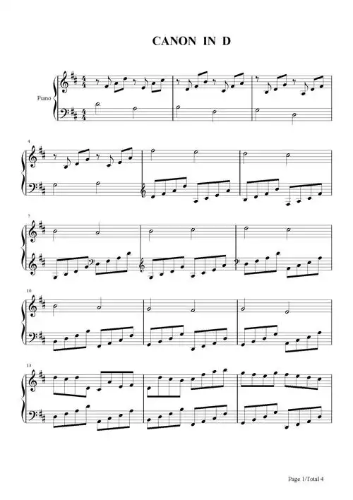 卡农-简单好听版-巴哈贝尔-d调 -流行钢琴五线谱