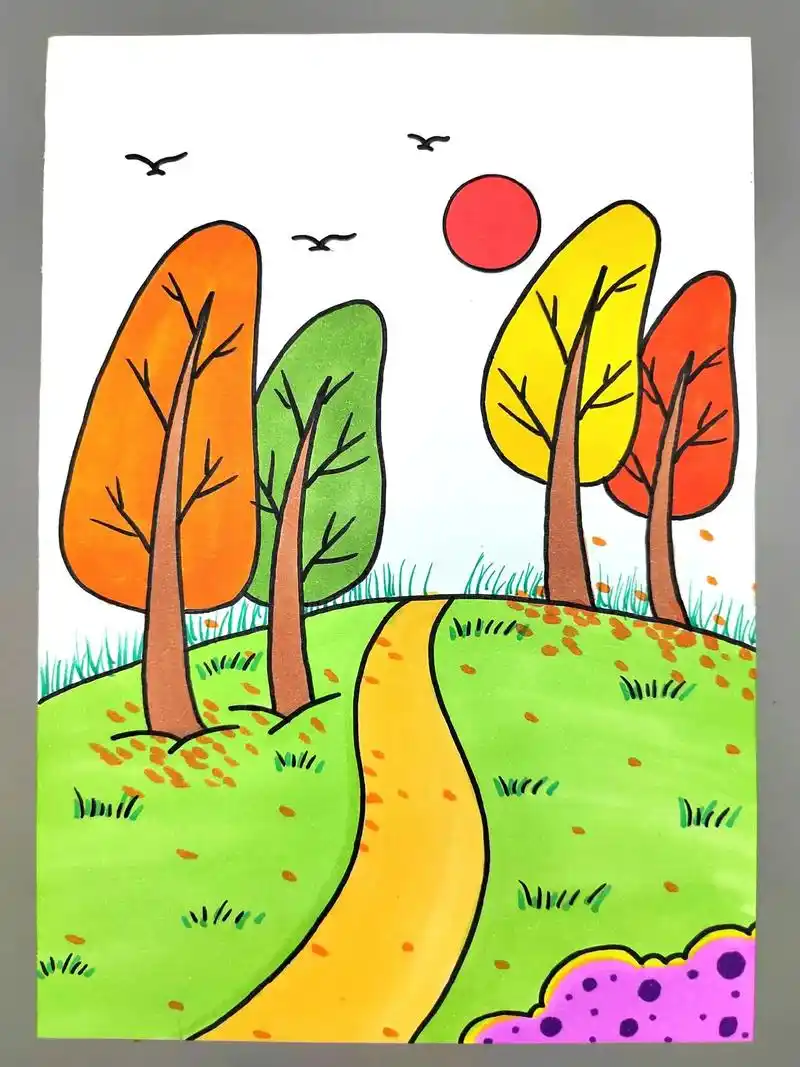 秋天风景画! 一起来画美丽的秋天,简单好看,快来试试吧#秋天 - 抖音