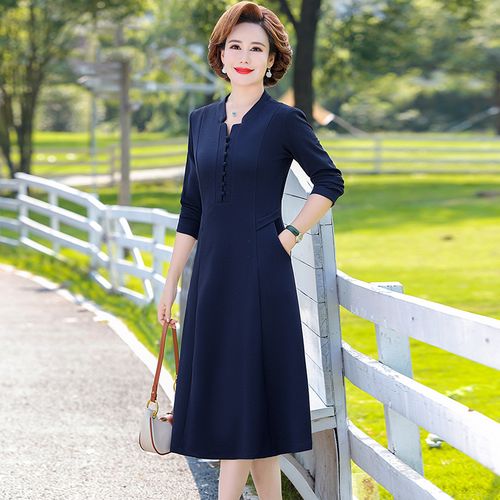 中老年女装秋冬长袖连衣裙40岁50妈妈过膝长裙时尚阔太太纯色裙子