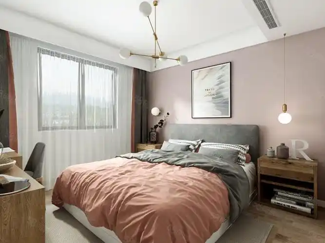 藕粉色的背景墙,搭配上橘粉色的床品,色彩相互呼应,营造出甜蜜的气息.