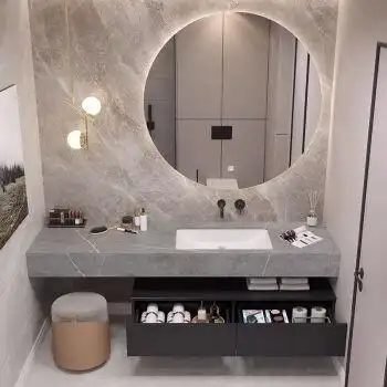 轻奢风格岩板台面浴室 卫生间洗脸盆洗漱台橡木简约现代木柜一体盆