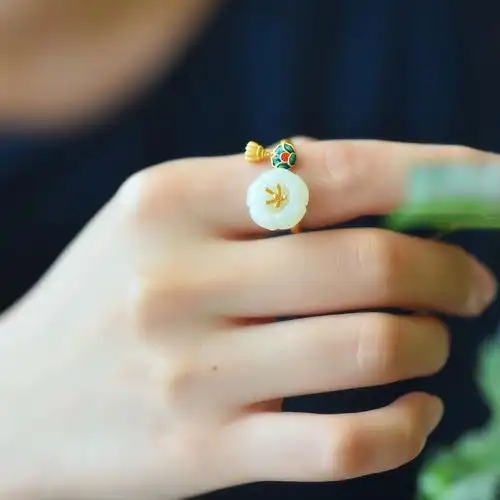 戒指和田玉珐琅荷花莲蓬戒指羊脂白镀金镶古风女戒