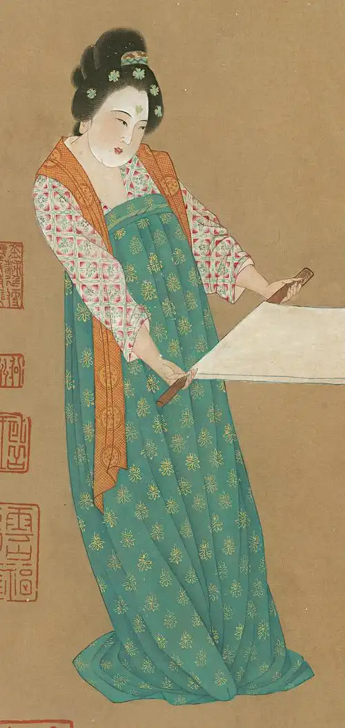 国画的魅力【18】——唐代宫廷仕女的劳动生活-张萱(唐)《捣练图》(附