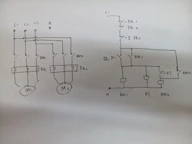 2台电动机m1,m2;先按sb1启动m1,经t1后启动m2:按sb2,m2和m1同时停车.