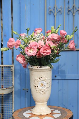 复古做旧陶瓷彩釉玫瑰玫瑰花花环小鸟奖杯花瓶花瓶