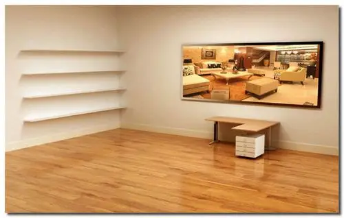 电脑桌面创意壁纸 好像有一张是一个房间,黄白的,有电视书柜抽屉什么