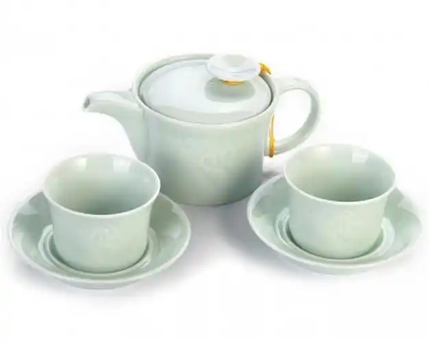 正品广州恒福陶瓷茶具 越窑 佛心莲壶组.