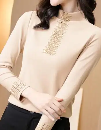 爱漂亮衣服加厚打底女秋冬长袖t恤修身保暖洋气高贵百搭上衣杏色2xl