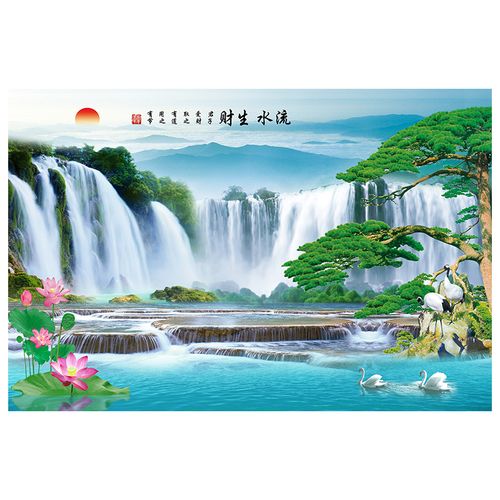 山水背景墙贴画自粘风景流水生财壁画客厅卧室墙贴