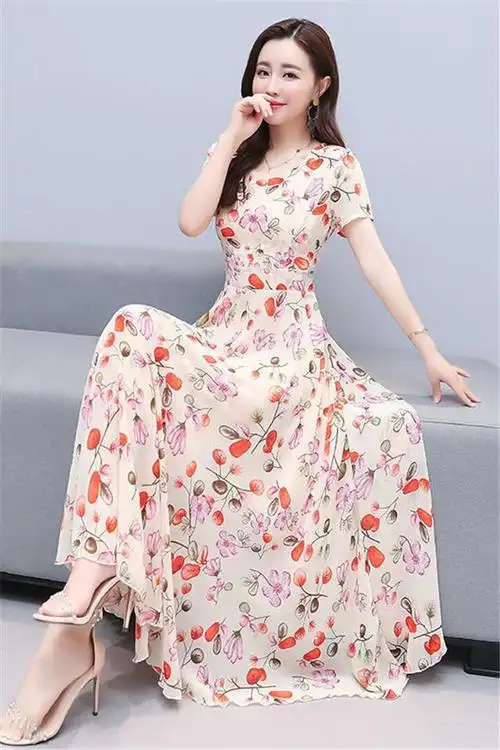 2021新款夏季雪纺连衣裙碎花大码女装高档遮肚显瘦收腰大摆长裙子