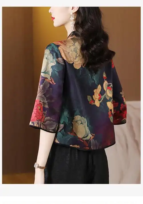 6189#香云纱短款上衣女新中式真丝衬衫短袖妈妈装2023新款 - 17网