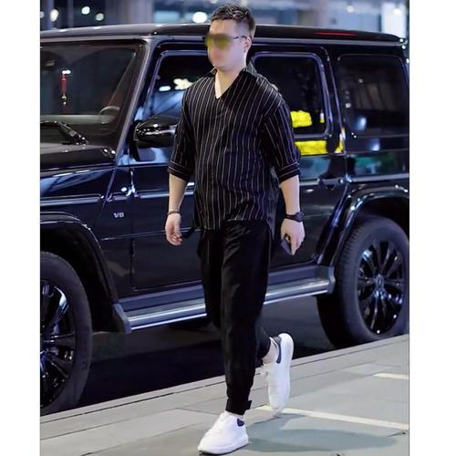 蓝骏启cs01【两件套】微胖男生穿搭大码胖子显瘦条纹衬衫 冰丝 套装1