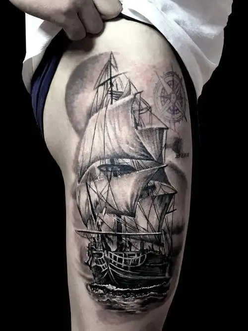 帆船纹身图片_腿部欧美写实纹身图案