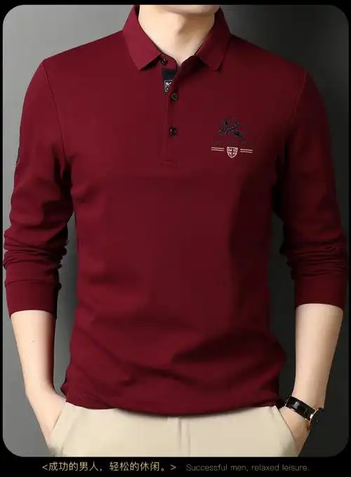 哥伦罗曼品牌中年人刺绣polo衫男士长袖翻领纯棉宽松大码纯色衣服春
