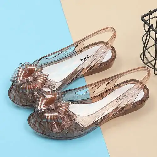 塑料凉鞋女下雨天穿水晶老式时尚蝴蝶结百搭防滑果冻透明红外穿鱼嘴