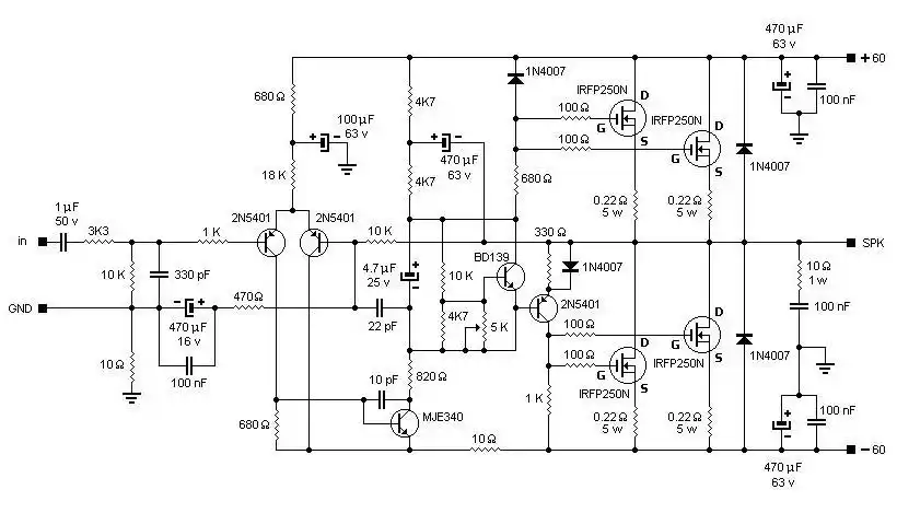 分立后级200wmosfetirfp250n场管功放电路及pcb