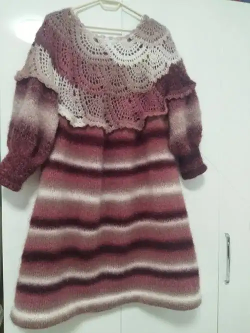 蛋糕线水波纹长款毛衣完成,水波纹单股,正身双股同色,袖子双股混色