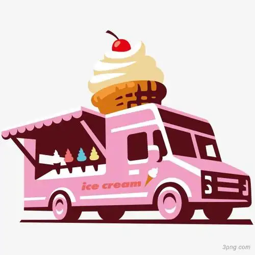 手绘粉色冰淇淋车子png素材透明免抠图片-卡通手绘