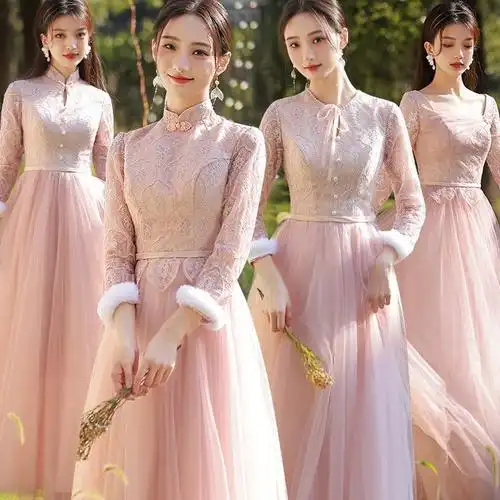 加绒伴娘服中式2021新款冬季保暖伴娘礼服结婚姐妹连衣裙加厚长款