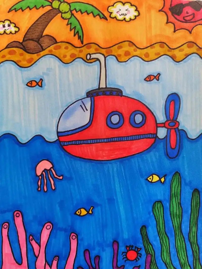 儿童创意画潜水艇.幼儿园小朋友可参考绘画.潜水艇有什么特征, - 抖音