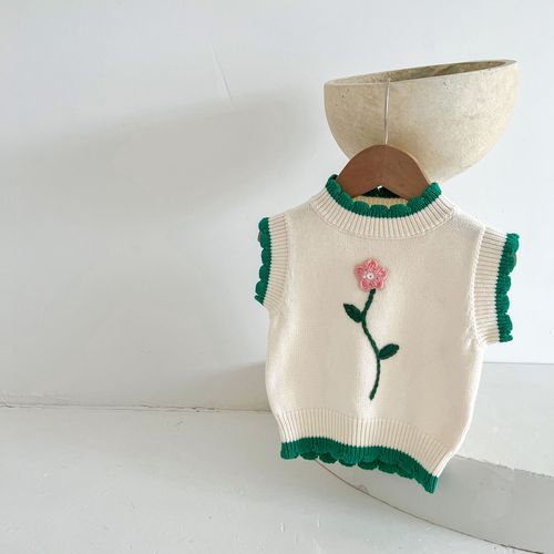 婴幼童花朵毛衣背心秋季新款女宝宝圆领手工花朵套头针织马甲外穿