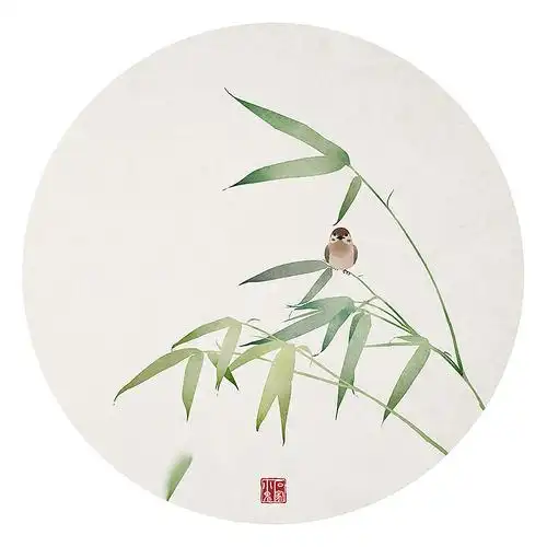 古风水彩插画竹子麻雀