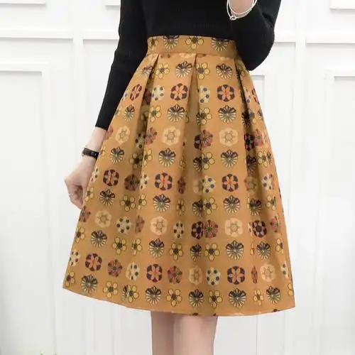 韩版大码蓬蓬印花半身裙春秋冬百搭高腰中长款碎花色a字裙女裙子