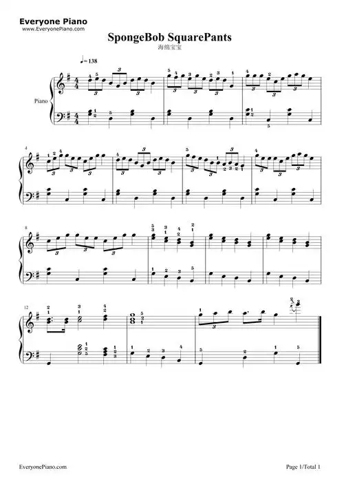 海绵宝宝五线谱预览1-钢琴谱文件(五线谱,双手简谱,数字谱,midi,pdf)