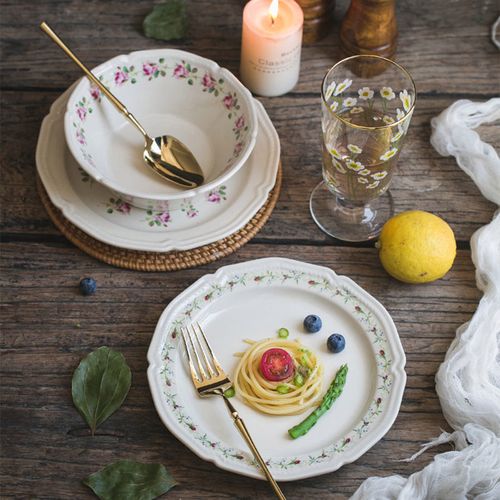 特价微瑕疵法式复古浮雕陶瓷沙拉碗盘子家用创意餐具网红早餐碗盘