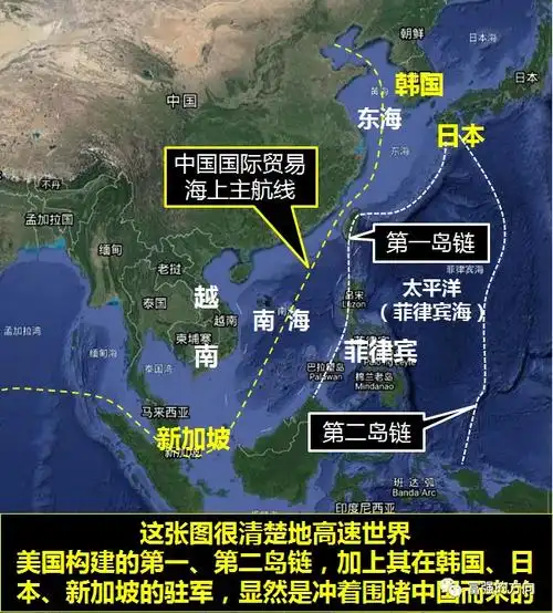 美国几十年精心打造构建的第一,第二岛链,加上其在韩国,日本,新加坡的