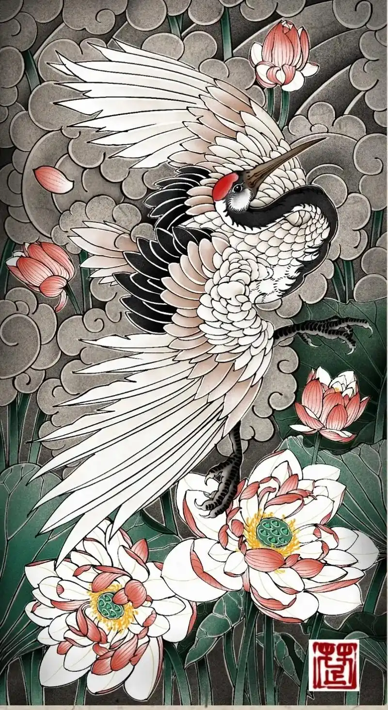 仙鹤手稿.#纹身师日常 #防水纹身贴 #纹身图案手稿 #无信 - 抖音