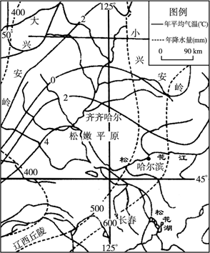 (1)长江三角洲地区年平均气温在14-16℃.而松嫩平原则在0-4℃.