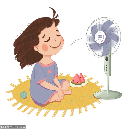吹风扇的小女孩凉快可爱