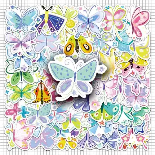 50张彩色蝴蝶贴纸原创水彩涂鸦小清新卡通昆虫防水装饰手机壳贴纸