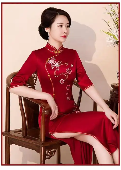 喜婆婆旗袍高贵刺绣中长款妈妈婚宴高端醋酸缎洋气春秋婚礼连衣裙9755