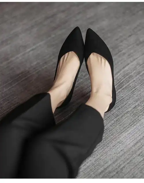 真皮绒面黑色高跟鞋女细跟单鞋3公分尖头酒店5cm面试7cm工作鞋黑色绒