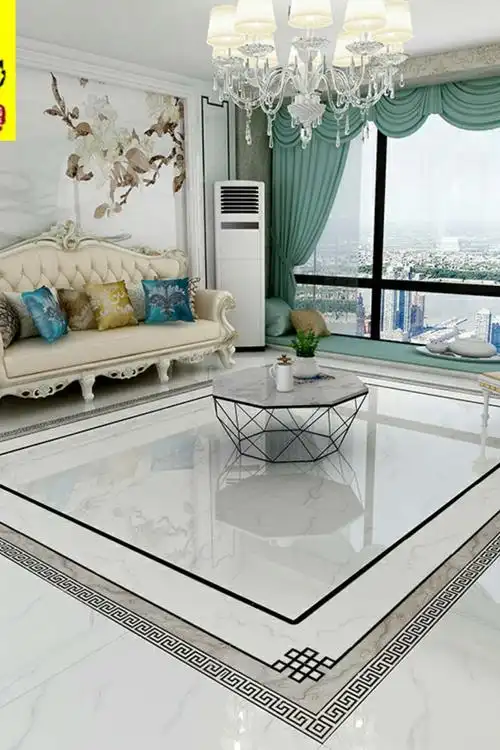 新款客厅拼花瓷砖新中式入户玄关400800波导线灰色拼花地砖抛晶砖