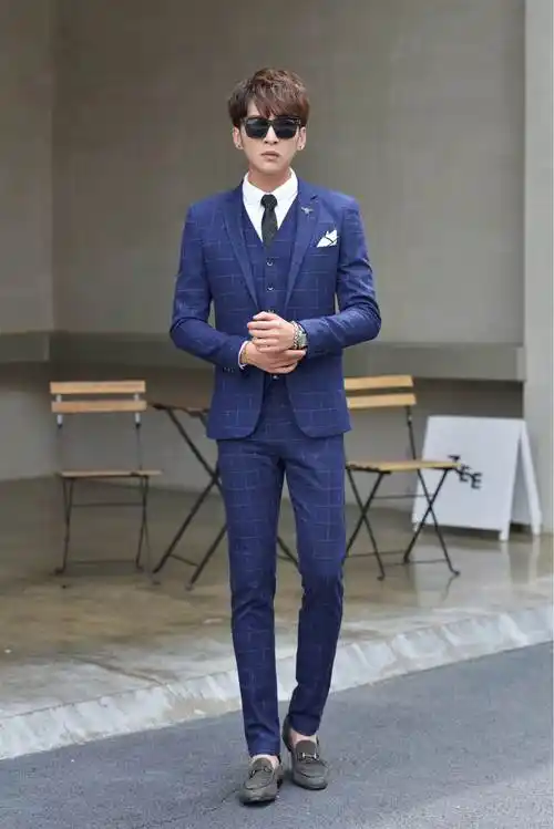 潮男士格子西服套装商务宴会礼服新郎伴郎西装三件套西裤马甲831