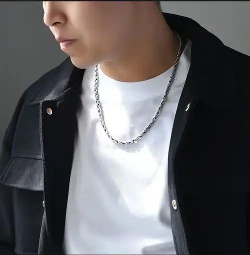 罗泰老银匠男士复古个性麻绳项链925银麻花项链男潮嘻哈欧美银链50