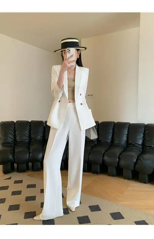 sgirl阔腿裤西装套装女夏款薄款感职业正装时尚气质两件套白色西服