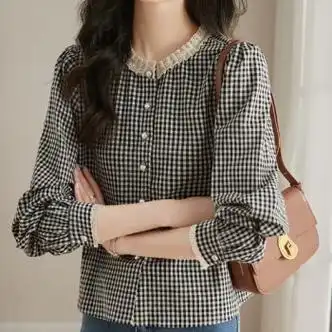京霆2024早秋新款蕾丝花边圆领长袖格子衬衫女设计感小众法式复古上衣