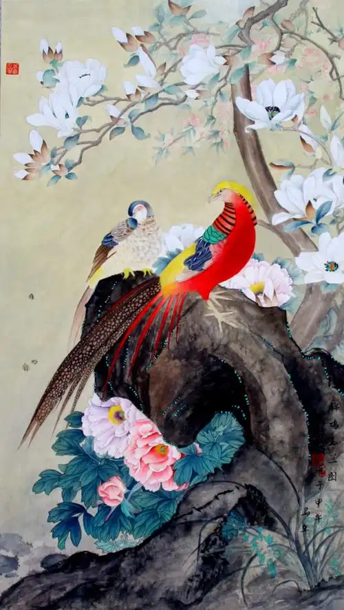 锦鸡玉兰图(牛漪)巍巍太行魂(牛漪)写意国画《鸳鸯福禄》(牛漪)樱花