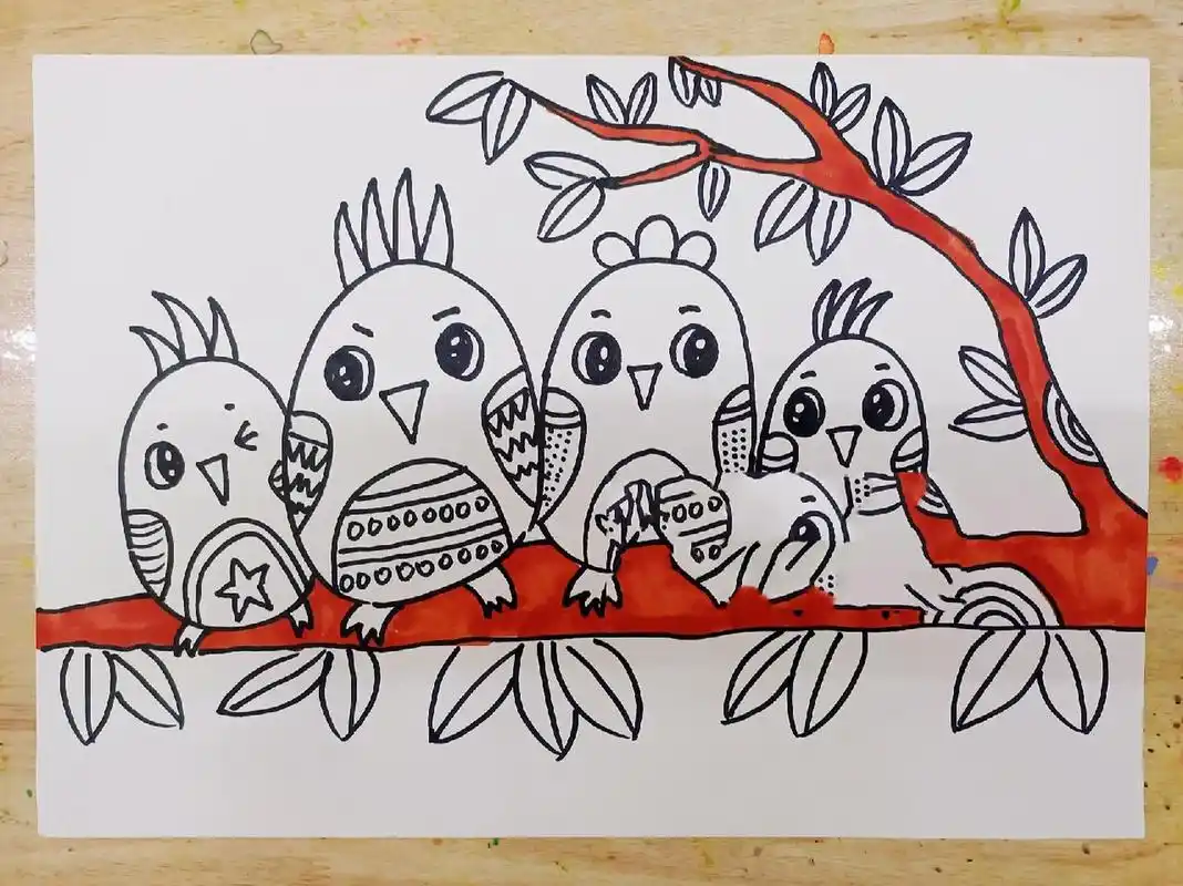 小鸟一家儿童画简笔画少儿美术创意画线描 树枝 幼儿园画 简单的 马克