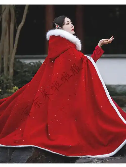 红色斗篷汉服女中国风长款毛领加绒加厚披风古装古风披肩冬季加棉 酒