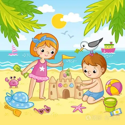 孩子们在海边的海滩上玩耍.儿童`风格的矢量插图