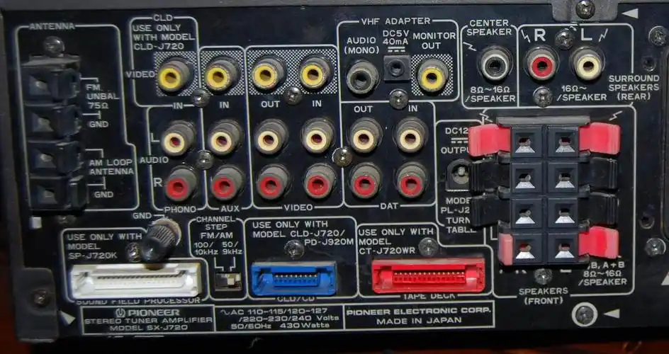 我有一套先锋j720不知道中置音响和环要音响如何接在功放上,请教高手