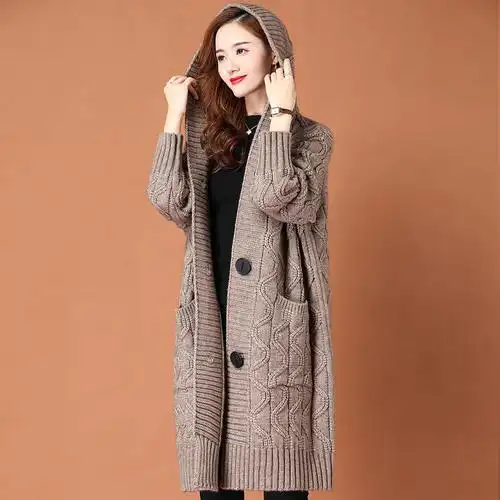 毛衣外套中长款慵懒风开衫连帽外套女针织宽松女装粗毛线衣厚外套