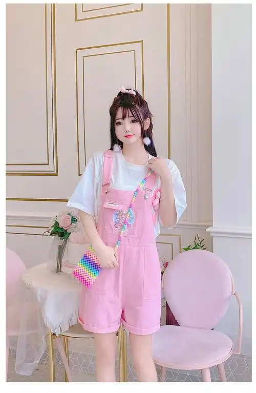 背带裤女小个子中学生粉色牛仔短夏宽松洋气减龄可爱连体粉红色s
