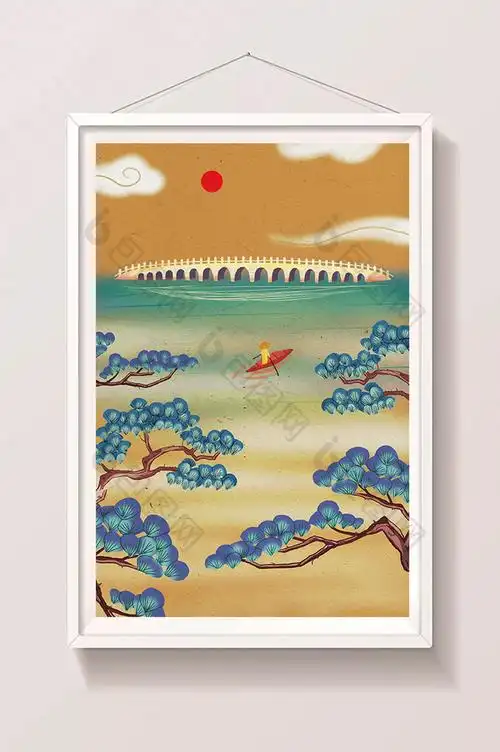 色彩新式中国风十七孔桥游船插画图片
