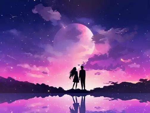 七夕情侣相会剪影唯美手绘插画水面倒影紫色梦幻场景海报人物插画情人